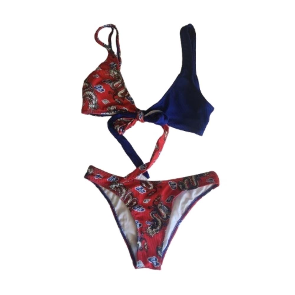 Zaeful Two-Piece Bikini Set – Dragon Print | Red & Royal Blue | Size M